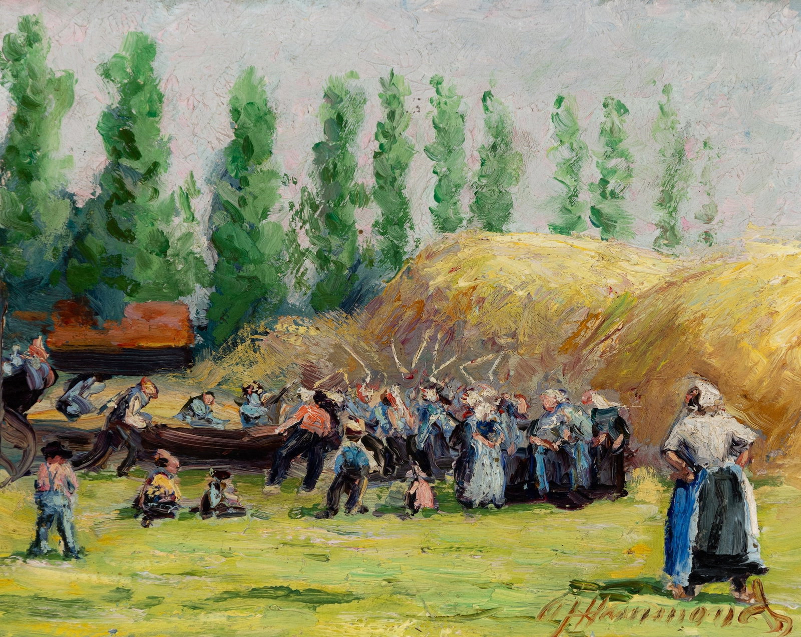 Arthur J. Hammond (Am. 1857-1947), "Flax Threshers, Rijsoord - Holland", Oil on board, framed: Arthur J. Hammond (Am. 1857-1947) "Flax Threshers, Rijsoord - Holland" Oil on board, framed Signed l.r., signed and titled on verso 7" x 9" actual, 11 3/4" x 13 7/8" framed