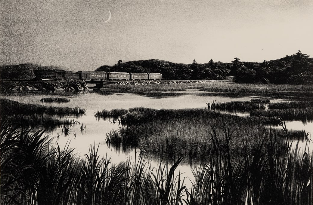 Stow Wengenroth (Am. 1906-1978), "Evening Train" Wiscasset, Lithograph, framed under glass: Stow Wengenroth (Am. 1906-1978) "Evening Train" Wiscasset Lithograph, framed under glass Signed in pencil l.r., editioned "Ed/50" in pencil l.l., titled on sheet attached to backing 11" x 16"