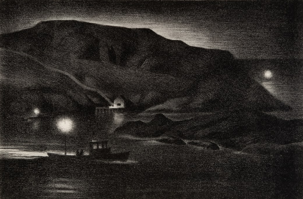 Richard F. Bartlett (Am. 1900-1989), "Fishing Boats, Monhegan" c. 1940s, Lithograph, framed under (1 of 6)