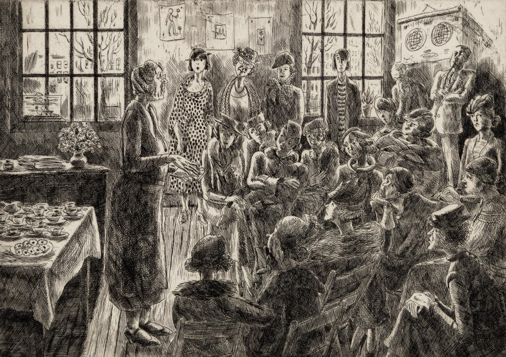 Peggy Bacon (Am. 1895-1987), "Parents and Teacher" or "Speaking of Children", Drypoint etching,: Peggy Bacon (Am. 1895-1987) "Parents and Teacher" or "Speaking of Children" Drypoint etching, framed in Heydenryk frame under glass Signed in pencil l.r., titled in pencil l.l., Hill Auction Galler