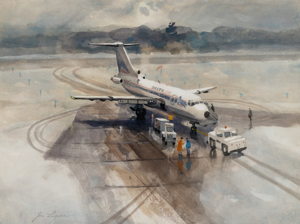 Jon Legere (Am. 1944-1996), Arrival, Watercolor on paper, framed under glass: Jon Legere (Am. 1944-1996) Arrival Watercolor on paper, framed under glass Signed l.l. 21 1/2" x 29" sight, 32 1/4" x 39 1/4" framed Provenance: Private coll