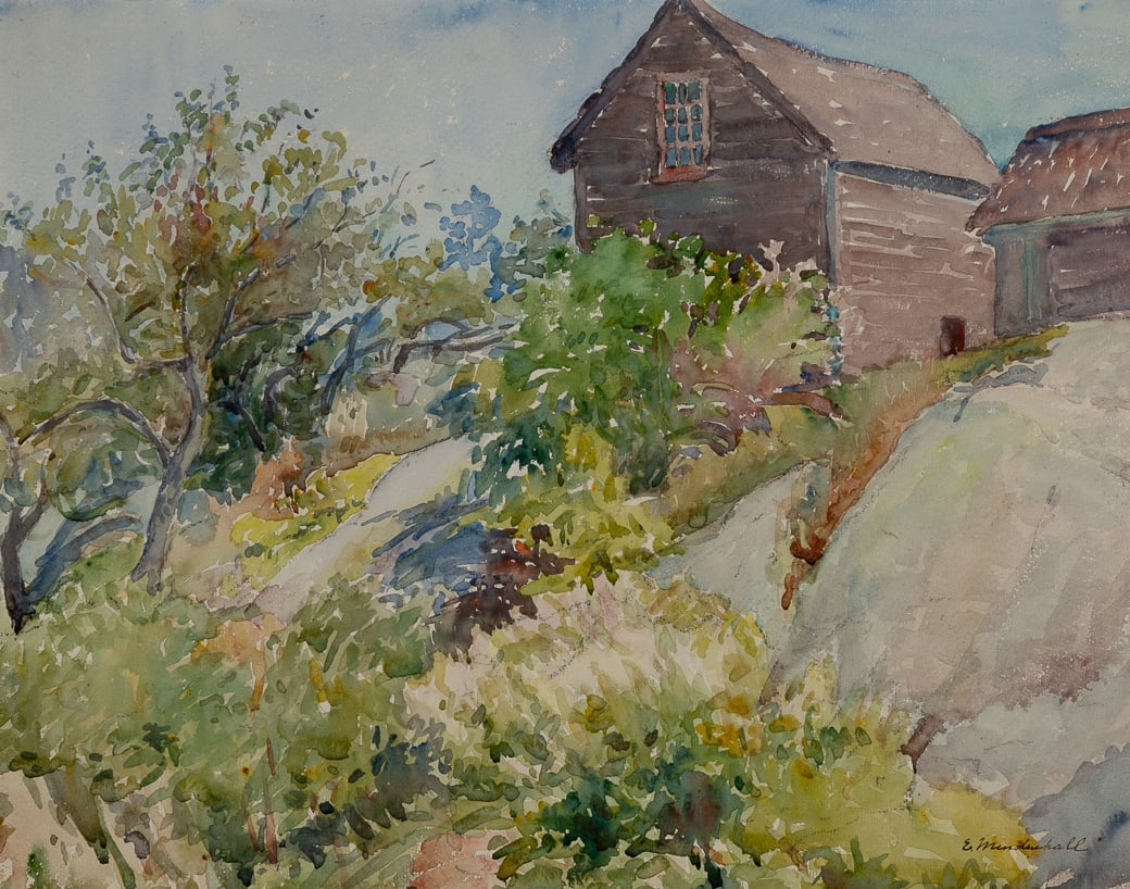 Emma Mendenhall (Am. 1873-1964), "New England", Watercolor on paper, framed: Emma Mendenhall (Am. 1873-1964) "New England" Watercolor on paper, framed Signed l.r., titled and stamped by estate on verso, Mary Leonard Ran label on backing 14" x 18" sight, 23 1/2" x 27