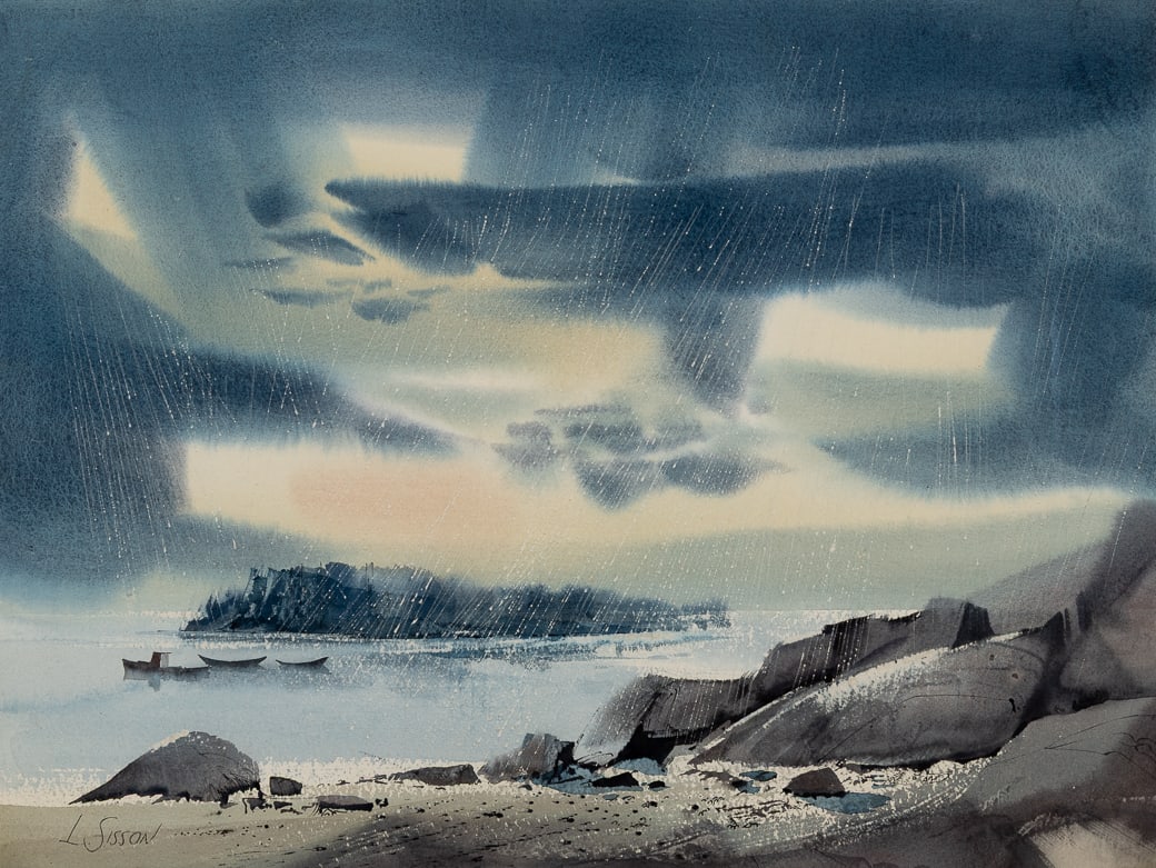 Laurence Sisson (Am. 1928-2015), Storm off the Coast, Watercolor on paper, framed under glass: Laurence Sisson (Am. 1928-2015) Storm off the Coast Watercolor on paper, framed under glass Signed l.l., Alan Brown Gallery label on backing 21 3/8" x 28 5/8" sight, 32" x 38 7/8" framed