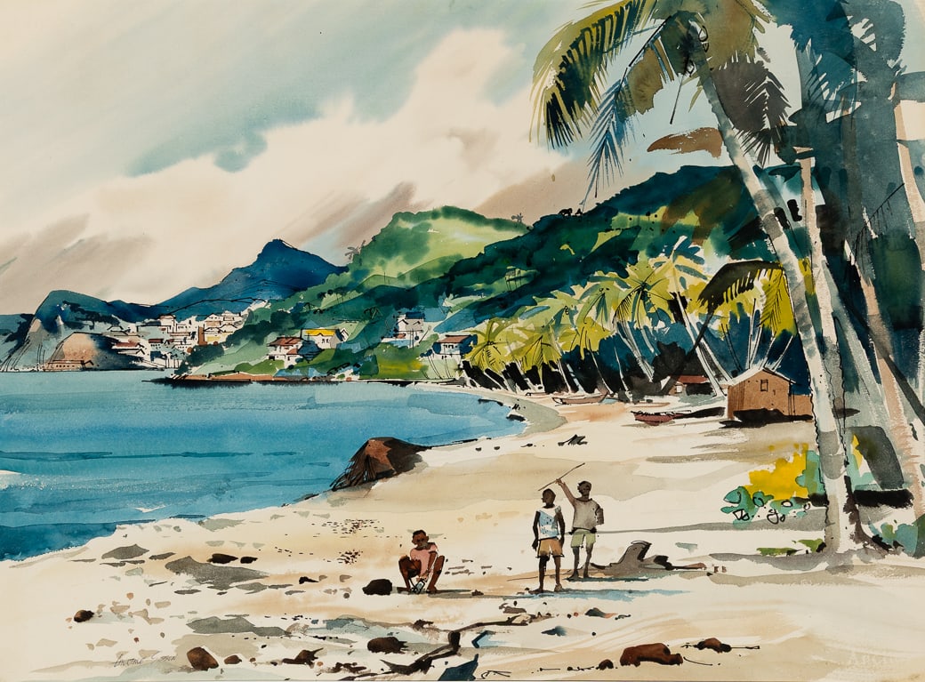 Laurence Sisson (Am. 1928-2015), Jamaican Beach, Watercolor on paper, framed under glass: Laurence Sisson (Am. 1928-2015) Jamaican Beach Watercolor on paper, framed under glass Signed l.l., inscribed "No. 7" on verso 20 3/4" x 28 3/4" sight, 30" x 30 1/8" framed