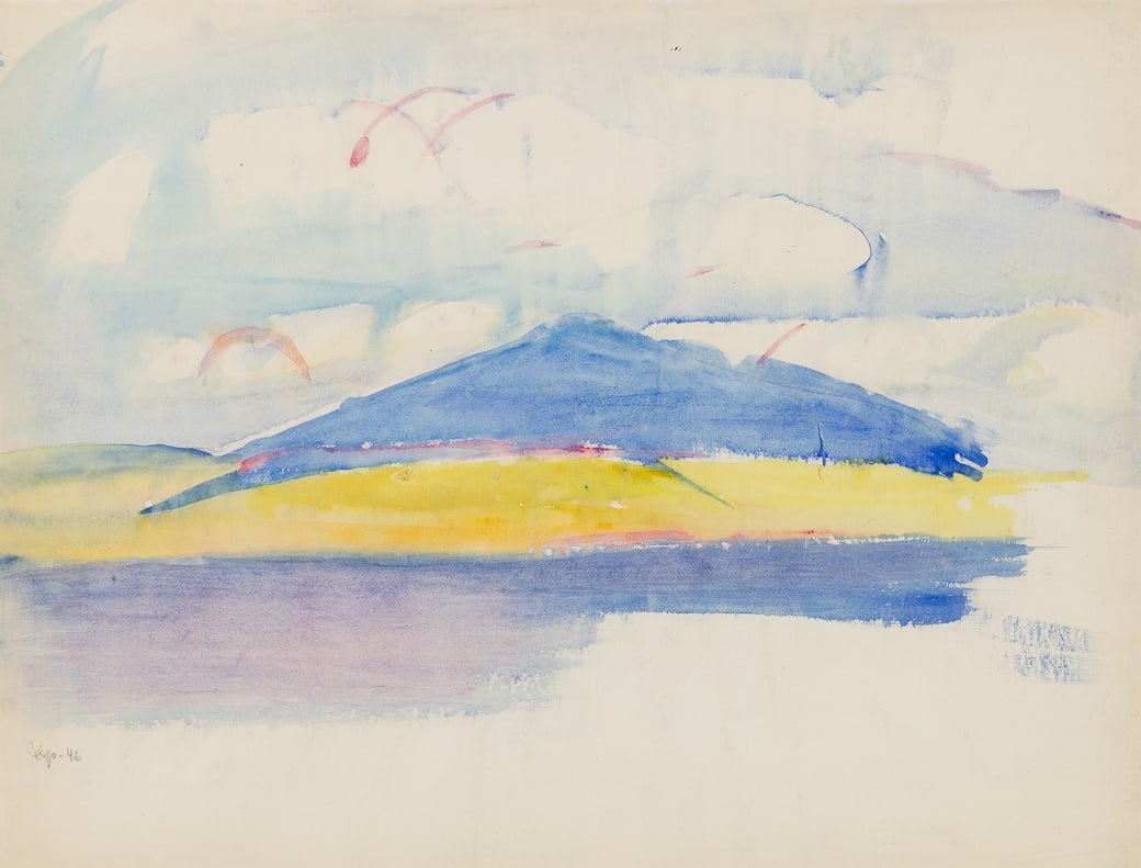 Carl Sprinchorn (Am. 1887-1971), Shinn Pond and Mount Chase, Maine, 1946 (Double-Sided Composition),: Carl Sprinchorn (Am. 1887-1971) Shinn Pond and Mount Chase, Maine, 1946 (Double-Sided Composition) Watercolor on paper, framed under glass Signed and dated l.l. of Mount Chase composition 19