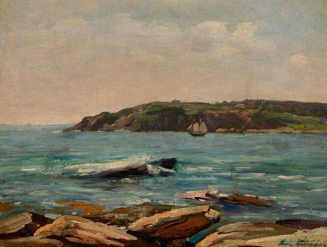 Charles Waltensperger (Am. 1871-1931), Cushing Island, Portland Harbor, Maine, Oil on board, framed: Charles Waltensperger (Am. 1871-1931) Cushing Island, Portland Harbor, Maine Oil on board, framed Signed l.r., Birmingham Gallery label attached to verso 10" x 13" actual, 15 7/8" x 19 1/8"
