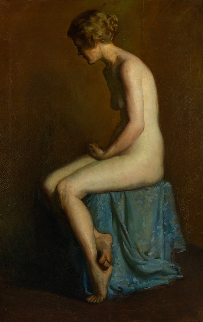 Attributed to William McGregor Paxton (Am. 1869-1941), Nude on Blue Stool, 1910, Oil on canvas,: Attributed to William McGregor Paxton (Am. 1869-1941) Nude on Blue Stool, 1910 Oil on canvas, framed Unsigned, inscribed "Paxton 1910" on frame verso 49 1/2" x 31 5/8" sight, 55 1/2" x 37 5/