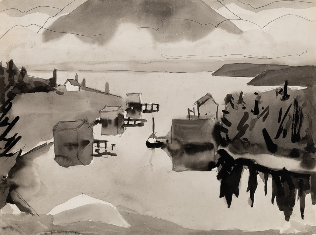 James Fitzgerald (Am. 1899-1971), Modesty Cove, Stillness, Ink and pencil on paper, framed under: James Fitzgerald (Am. 1899-1971) Modesty Cove, Stillness Ink and pencil on paper, framed under glass Unsigned, embossed "F" l.l. 21 7/8" x 29 1/4" sight, 30 3/4" x 38 1/4" framed