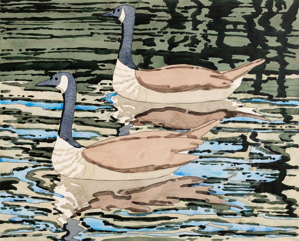 Neil Welliver (Am. 1929-2005), Canada Geese, 1978, Hand-colored etching, framed under glass: Neil Welliver (Am. 1929-2005) Canada Geese, 1978 Hand-colored etching, framed under glass Signed in pencil l.r., editioned "3/40" in pencil l.l. 21 3/4" x 26 1/2" plate, 31 3/4" x 36 5/8" fra