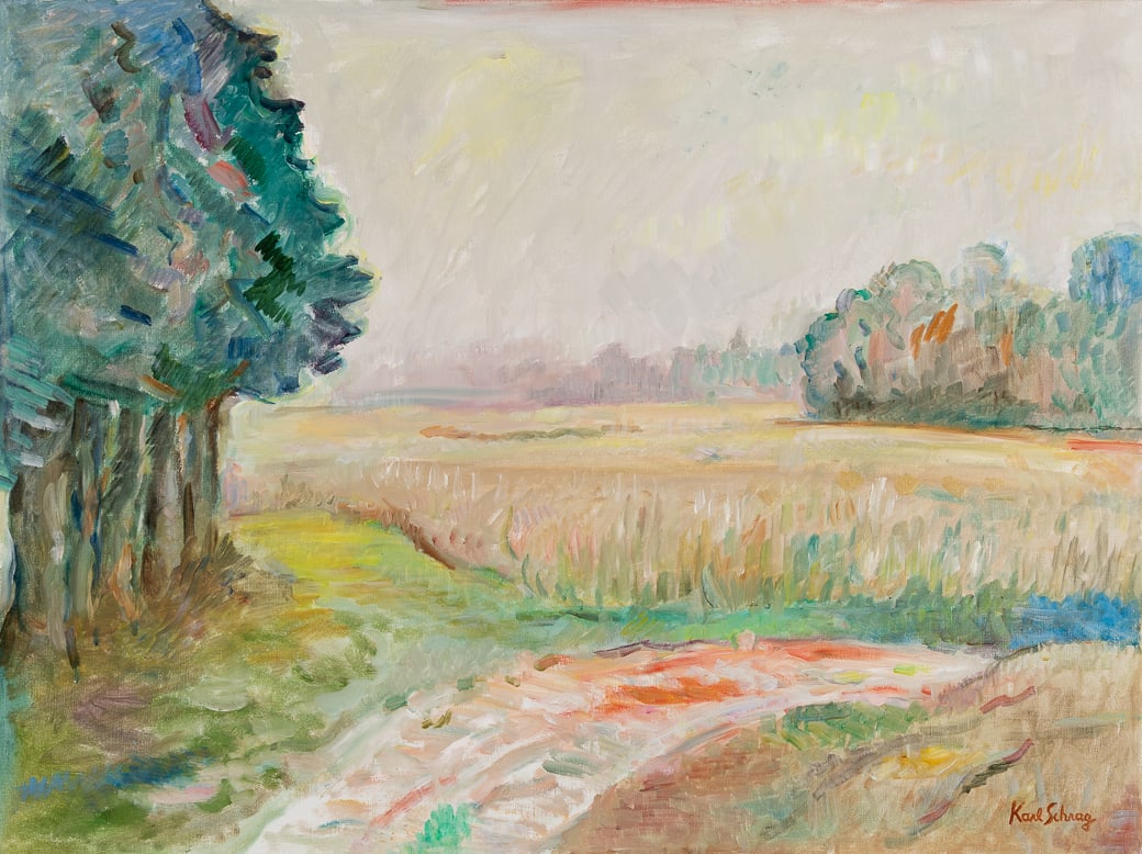 Karl Schrag (Am. 1912-1995), Meadow in Morning Haze , Oil on canvas, framed: Karl Schrag (Am. 1912-1995) Meadow in Morning Haze Oil on canvas, framed Signed l.r., Maine Coast Artists label and partial gallery label on backing, indistinct inscription on stretcher verso