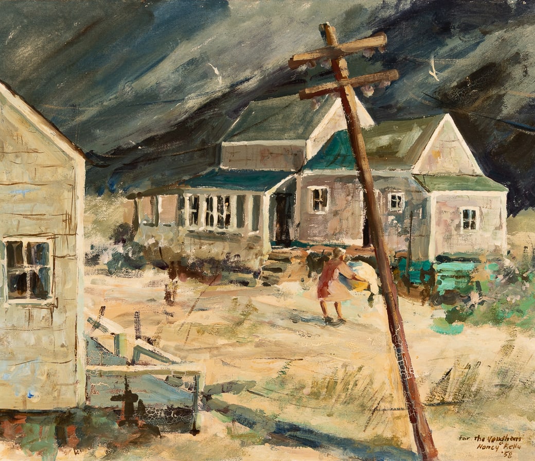 Nancy Whorf Kelly (Am. 1930-2009), Hanging Laundry, Provincetown, 1958, Oil on canvas board, framed: Nancy Whorf Kelly (Am. 1930-2009) Hanging Laundry, Provincetown, 1958 Oil on canvas board, framed Signed, dated, and inscribed "For the Vaughn's" l.r., titled on backing 20" x 24" actual, 25