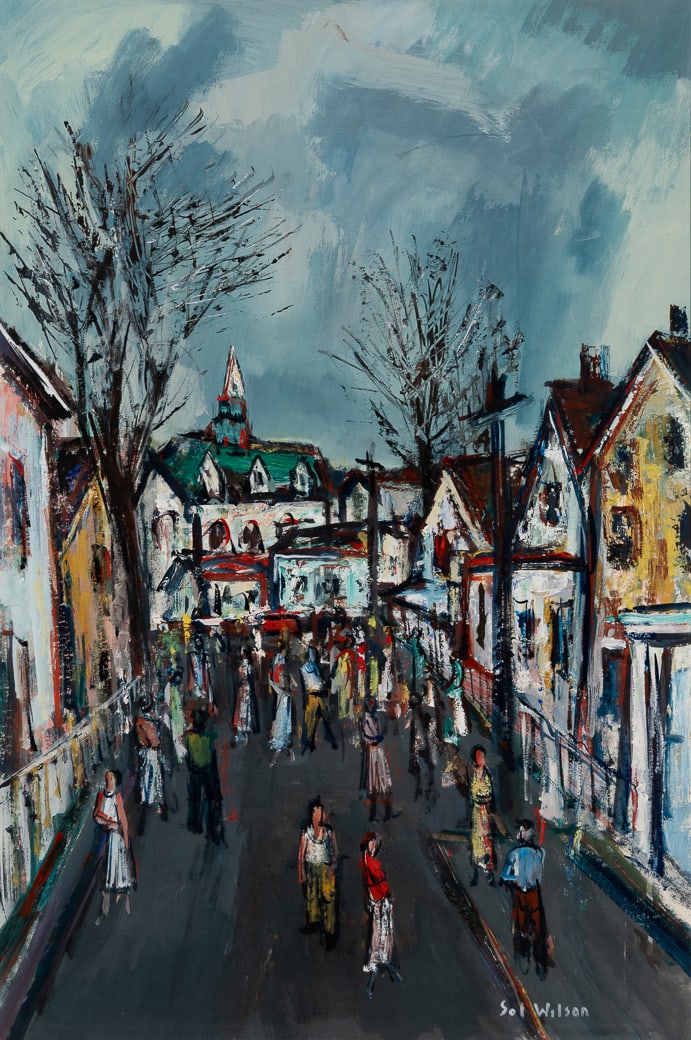 Sol Wilson (Am. 1896-1974), Town Hall from Bradford Street, Provincetown, Mixed media on paper,: Sol Wilson (Am. 1896-1974) Town Hall from Bradford Street, Provincetown Mixed media on paper, framed under glass Signed l.r., Weschler's Auctioneers label on backing 28 3/4" x 19" sight, 36