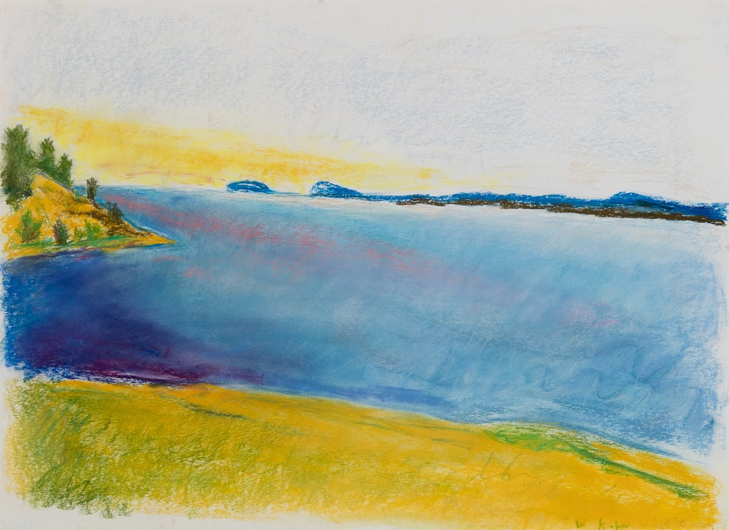 Wolf Kahn (Am. 1927-2020), Blue Bay, Maine, Pastel on paper, framed under glass: Wolf Kahn (Am. 1927-2020) Blue Bay, Maine Pastel on paper, framed under glass Signed l.r., Vallarino Fine Art label on backing 21 1/2" x 29 1/2" sight, 29 1/2" x 37 1/2" framed