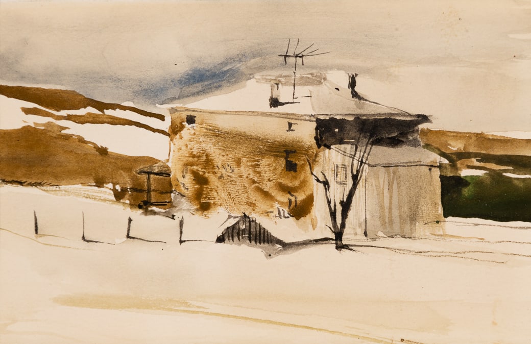 Andrew Wyeth (Am. 1917-2009), Kuerner's Farm, Watercolor on paper, framed under glass: Andrew Wyeth (Am. 1917-2009) Kuerner's Farm Watercolor on paper, framed under glass Inscribed "Warmest Greetings to you both Betsy + Andy" on verso 3 1/8" x 5 1/8" sight, 8 1/4" x 11 3/4" fra