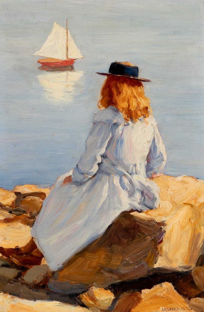 Joseph Henry Sharp (Am. 1859-1953), By the Seaside (possibly Annette E. Sharp McGuffin), 1892, Oil: Joseph Henry Sharp (Am. 1859-1953) By the Seaside (possibly Annette E. Sharp McGuffin), 1892 Oil on canvas, framed Signed and dated l.r., Allen Art Galleries stamp on stretcher verso, inscribed " F