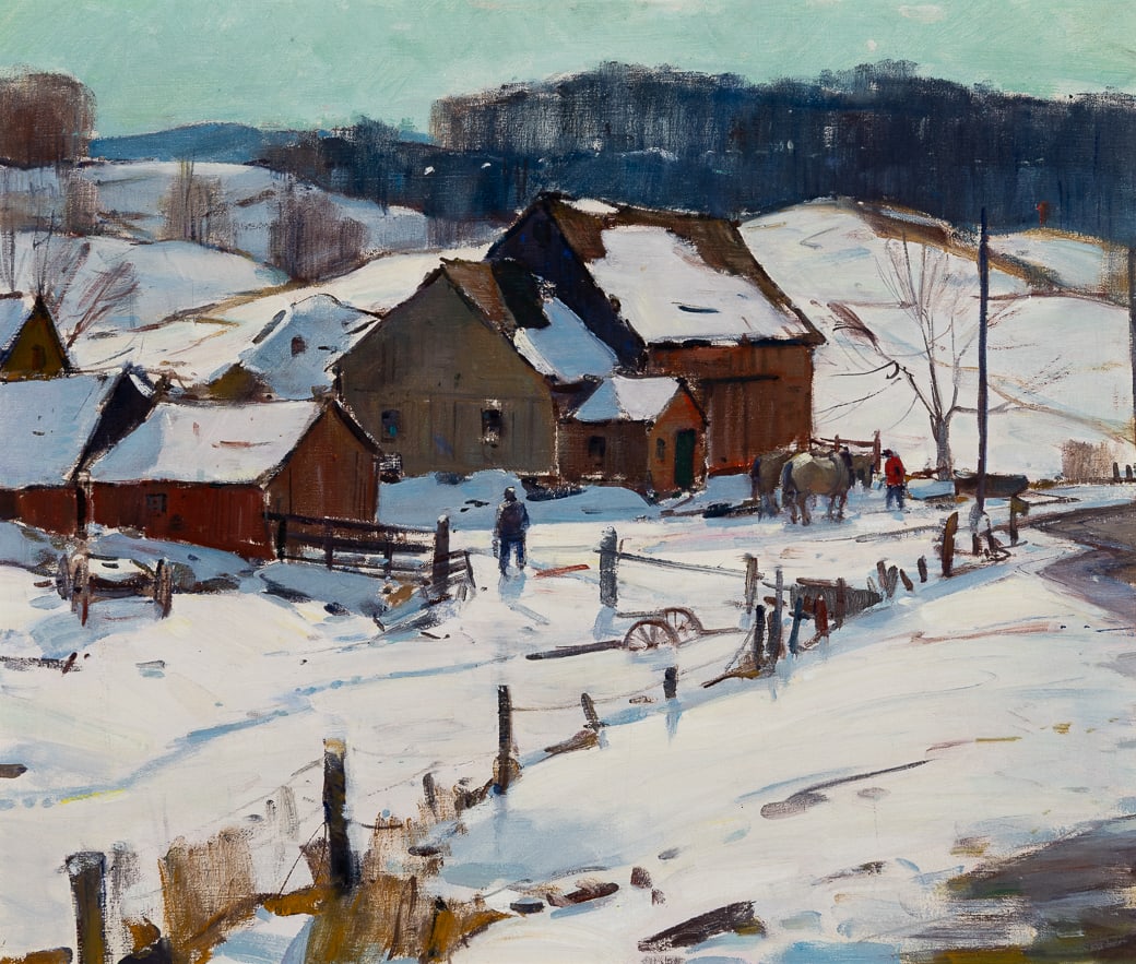 Carl W. Peters (Am. 1897-1980), Starting the Day's Chores, Oil on canvas, framed: Carl W. Peters (Am. 1897-1980) Starting the Day's Chores Oil on canvas, framed Unsigned, estate stamp on verso 25" x 30" actual, 29 1/4" x 34 1/4" framed Provenance: