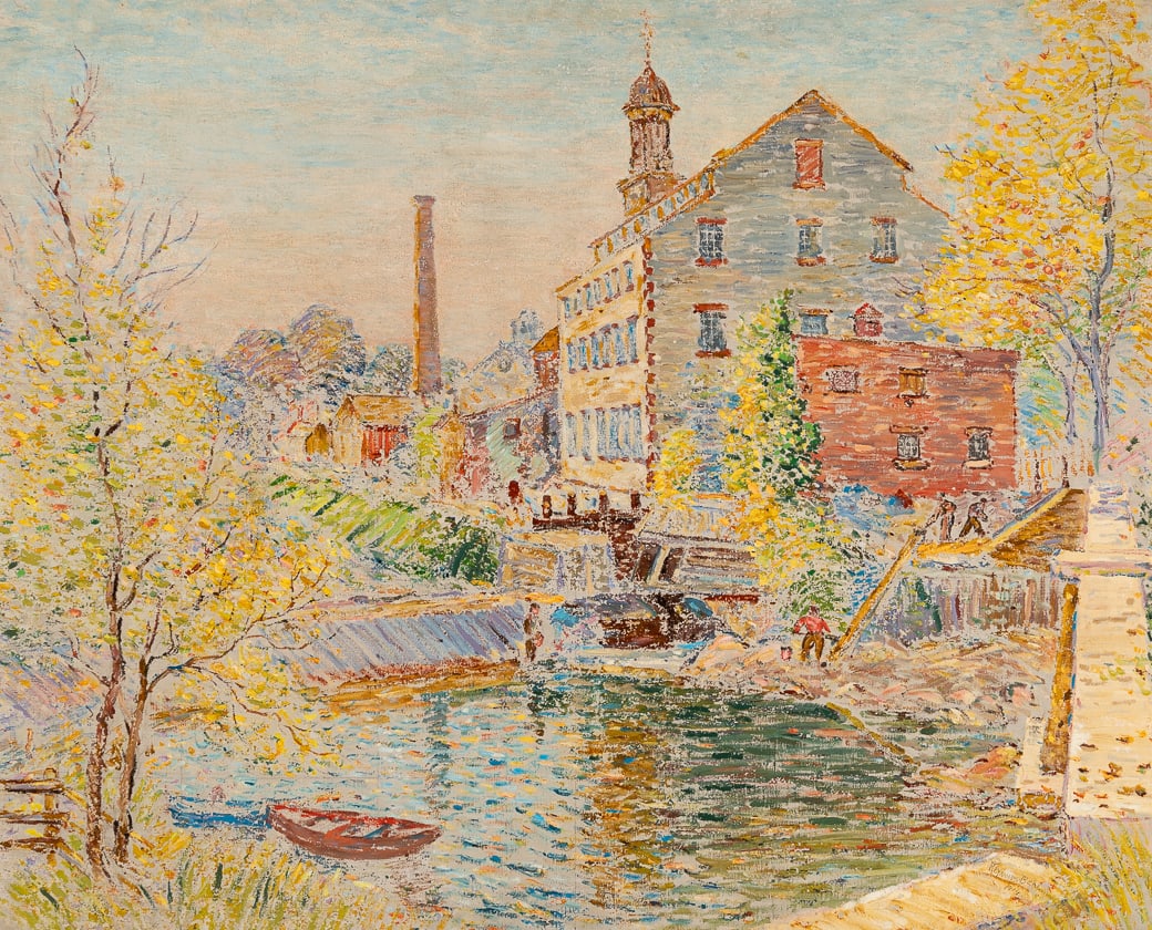 Reynolds Beal (Am. 1866-1951), "Mill at Pleasant Valley, N.Y." 1914, Oil on canvas, framed: Reynolds Beal (Am. 1866-1951) "Mill at Pleasant Valley, N.Y." 1914 Oil on canvas, framed Signed and dated l.r., titled and dated on stretcher verso, Vose Galleries label on backing 29" x 36"