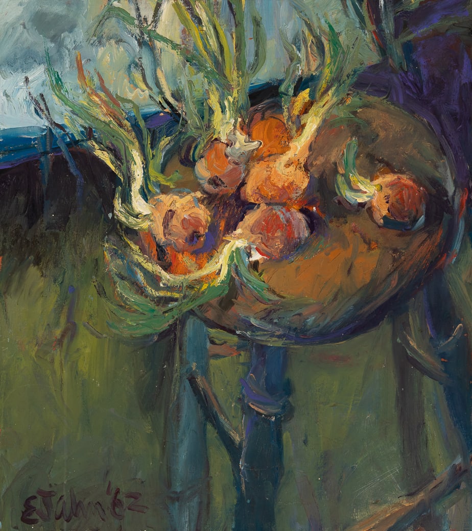 Elena Jahn (Am. 1938-2014), Still Life with Onions, 1962, Oil on canvas, framed: Elena Jahn (Am. 1938-2014) Still Life with Onions, 1962 Oil on canvas, framed Signed and dated l.l., Barridoff Galleries label on stretcher verso 25" x 22" actual, 25 7/8" x 23 7/8" framed <