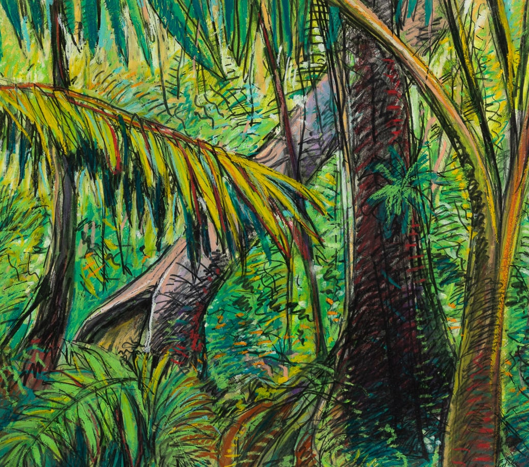 Elena Jahn (Am. 1938-2014), Fern & Spruce Monhegan, Oil pastel on paper, framed under glass: Elena Jahn (Am. 1938-2014) Fern & Spruce Monhegan Oil pastel on paper, framed under glass Unsigned, artist's label on backing 14" x 16" sight, 20 1/8" x 23 1/8" framed Prov