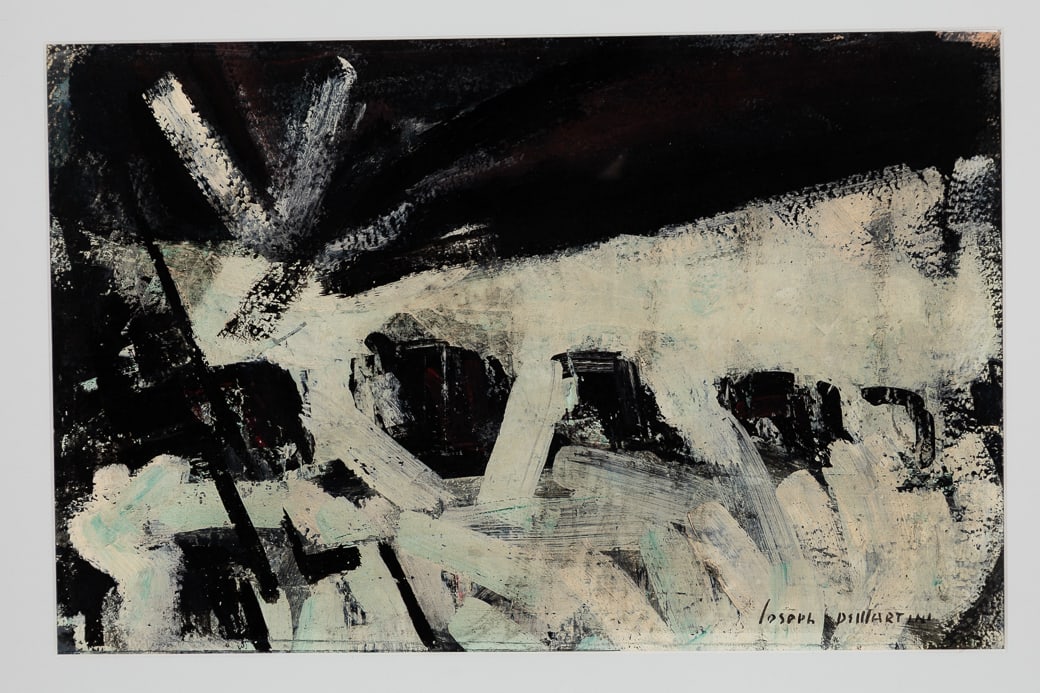 Joseph De Martini (Am. 1896-1984), Black and White Abstract, c. 1955, Oil on paper, framed under: Joseph De Martini (Am. 1896-1984) Black and White Abstract, c. 1955 Oil on paper, framed under glass Signed l.r. 12 3/4" x 19 3/4" actual, 18 3/16" x 25 3/16" framed Proven