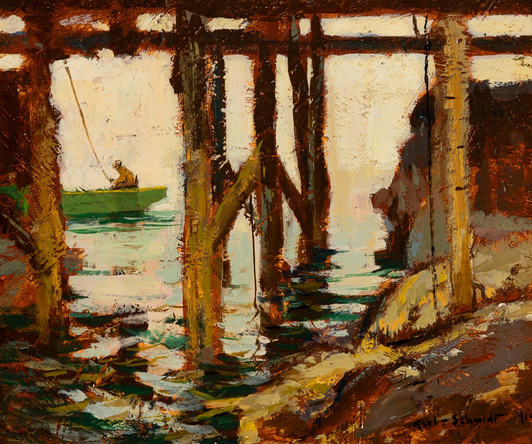Karl Schmidt (Am. 1890-1962), "Under the Wharf" Monhegan, 1914, Oil on board, framed: Karl Schmidt (Am. 1890-1962) "Under the Wharf" Monhegan, 1914 Oil on board, framed Signed and dated l.r., signed and titled on artist's label on verso, Karl Schmidt Collection label attached to ver
