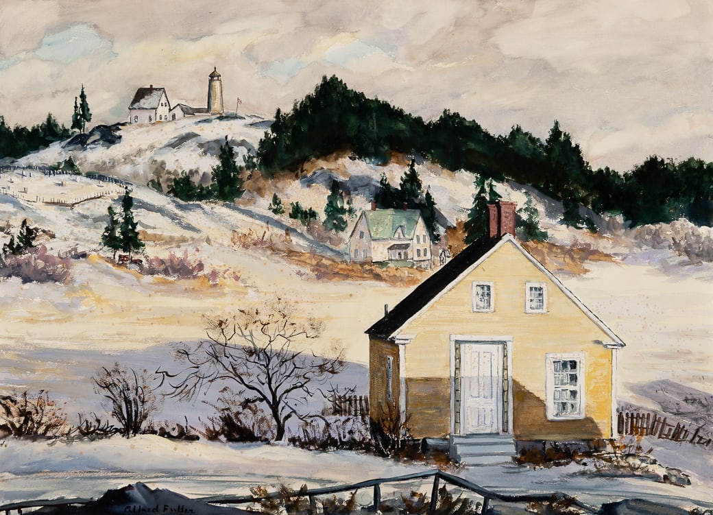 Alfred Fuller (Am. 1899-1980), Winter Home, Watercolor on board, framed: Alfred Fuller (Am. 1899-1980) Winter Home Watercolor on board, framed Signed l.l. 24" x 32" actual, 26 5/8" x 34 5/8" framed Provenance: Private collectio