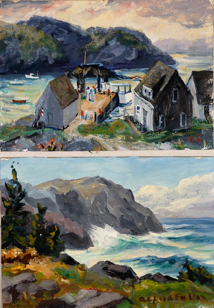 Alfred Fuller (Am. 1899-1980), Two Works,: Alfred Fuller (Am. 1899-1980) Two Works 1] "Afternoon Boat" MonheganOil on canvas board, framed together in a 19th century nautical rope frameInitialed l.r., signed and titled on verso5" x 7" actu