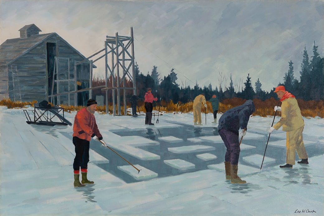Lee Court (Am. 1903-1992), Ice-Cutting, Monhegan, Oil on canvas, unframed: Lee Court (Am. 1903-1992) Ice-Cutting, Monhegan Oil on canvas, unframed Signed l.r., estate cards and letter from artist's son attached to backing 24" x 26" actual Provenanc