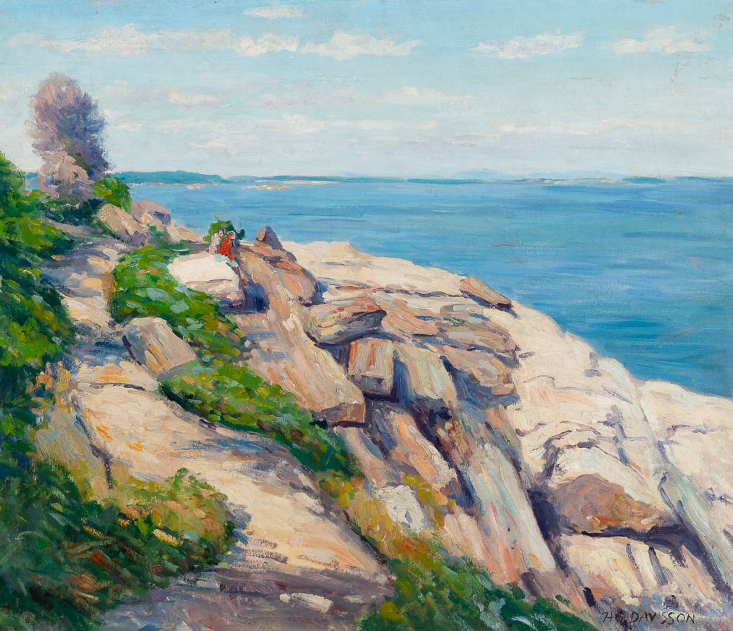 Homer Gordon Davisson (Am. 1866-1957), "Pemaquid Point, Maine", Oil on canvas laid to board, framed: Homer Gordon Davisson (Am. 1866-1957) "Pemaquid Point, Maine" Oil on canvas laid to board, framed Signed l.r., titled on verso 24" x 27 3/4" actual, 30 3/4" x 34 3/4" framed