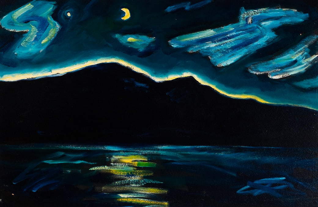 Philip Barter (Am. 1939-2024), "Mt Cadillac with Quarter Moon", Oil on board, framed (1 of 6)