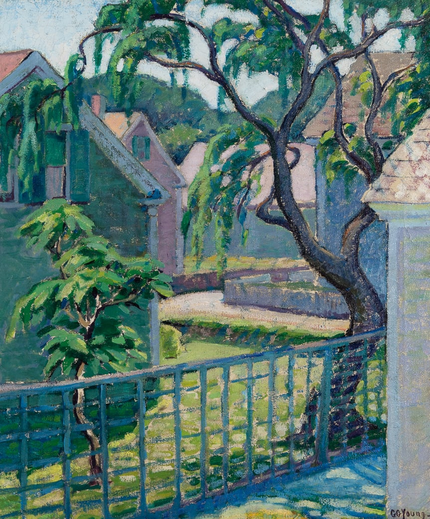 Gladys Young (Am. 1887-1974), Backyard Scene, Oil on canvas, framed: Gladys Young (Am. 1887-1974) Backyard Scene Oil on canvas, framed Signed l.r., Vose Gallery label on backing, Boston Art Club exhibition label attached to stretcher verso 26" x 22" actual, 3
