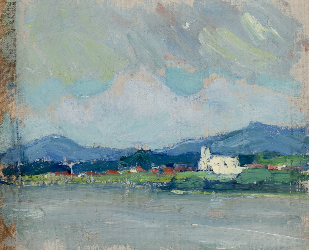 Gertrude Fiske (Am. 1879-1961), Town on the Edge of a Lake, Oil on canvasboard, framed (1 of 6)