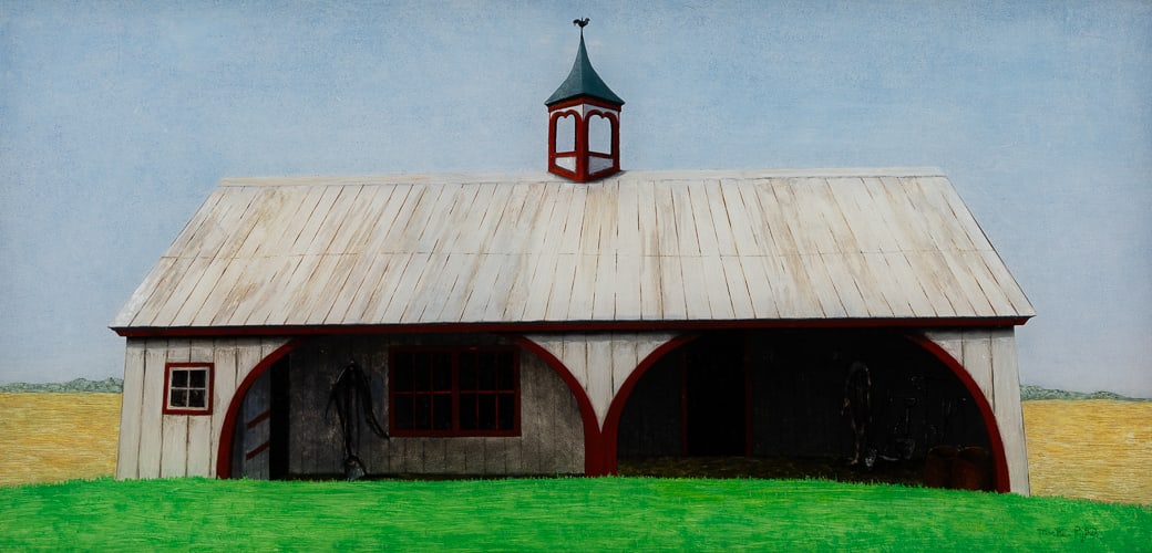 Martha Ryther (Am. 1896-1981), "Quebec Barn", Reverse painting on glass, framed: Martha Ryther (Am. 1896-1981) "Quebec Barn" Reverse painting on glass, framed Signed l.r., signed and titled on backing 11 5/8" x 24 5/8" sight, 18 7/8" x 32" framed Provena