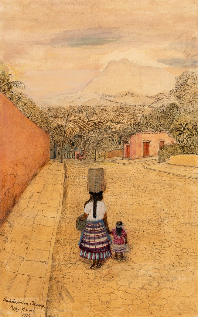 Peggy Bacon (Am. 1895-1987), "Sundown in Oaxaca" 1975, Ink and watercolor on paper, framed under: Peggy Bacon (Am. 1895-1987) "Sundown in Oaxaca" 1975 Ink and watercolor on paper, framed under glass Signed, titled, and dated l.l., exhibition label attached to backing 20 3/4" x 13" sight,
