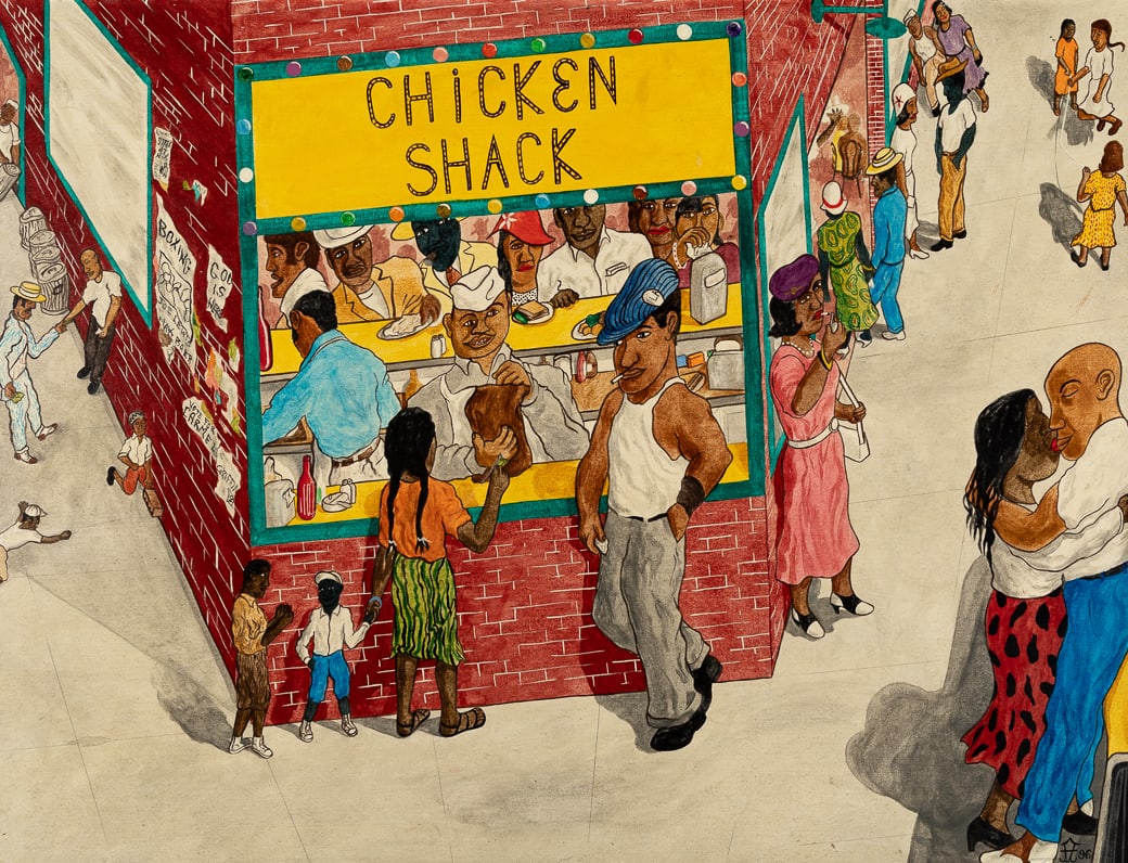 Frank Diaz Escalet (Am. 1930-2012), "Jivin at the Chicken Shack" 1996, Acrylic on board, framed: Frank Diaz Escalet (Am. 1930-2012) "Jivin at the Chicken Shack" 1996 Acrylic on board, framed Monogrammed and dated l.r., signed, titled, dated, and inscribed "6" on verso 36" x 48 1/4" actua