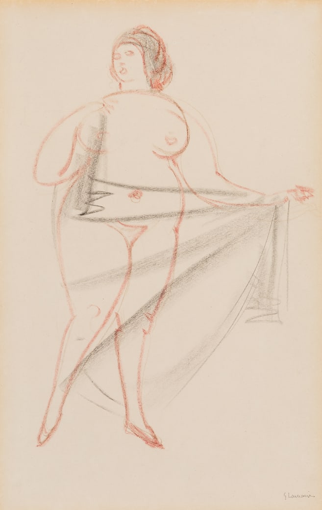 Gaston Lachaise (Fr. 1882-1935), Nude in Drapes, Conte crayon and charcoal on paper, framed under: Gaston Lachaise (Fr. 1882-1935) Nude in Drapes Conte crayon and charcoal on paper, framed under glass Signed l.r., Barridoff Galleries label on frame verso 19" x 12 1/4" sight, 25 5/8" x 18 7
