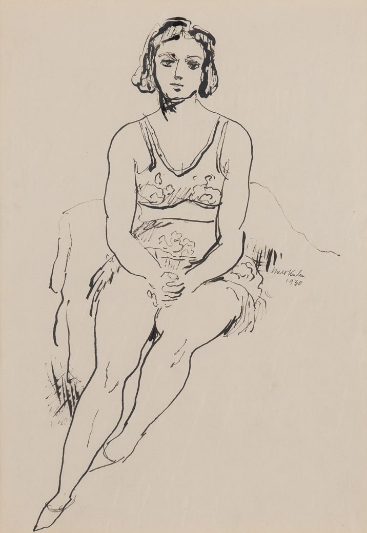 Walt Kuhn (Am. 1877-1949), Seated Figure, 1930, Ink on paper, framed under glass: Walt Kuhn (Am. 1877-1949) Seated Figure, 1930 Ink on paper, framed under glass Signed and dated c.r., Kennedy Galleries, Salander-O'Reilly Galleries, and Barridoff Galleries labels on backing