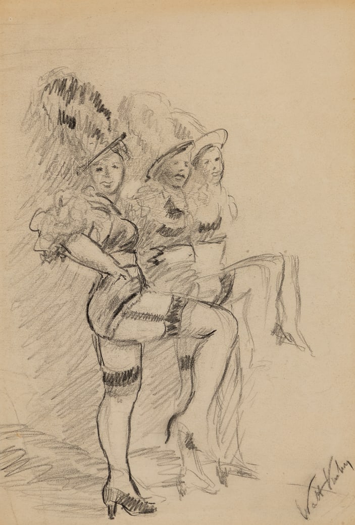 Walt Kuhn (Am. 1877-1949), Kick Line, Pencil on paper, framed under glass: Walt Kuhn (Am. 1877-1949) Kick Line Pencil on paper, framed under glass Signed l.r. 10 3/8" x 7 1/4" sight, 20 1/4" x 17 1/4" framed Provenance: Private col