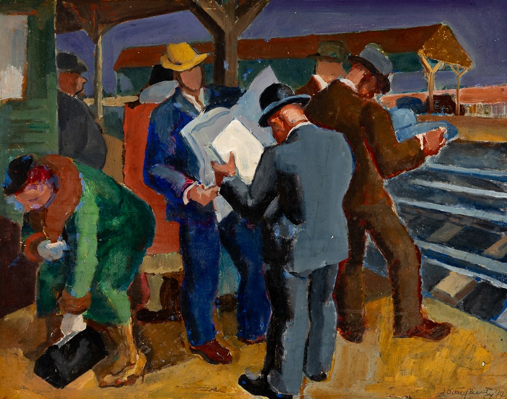 James Daugherty (Am. 1889-1974), "The Station" 1944 , Oil on board, framed (1 of 7)
