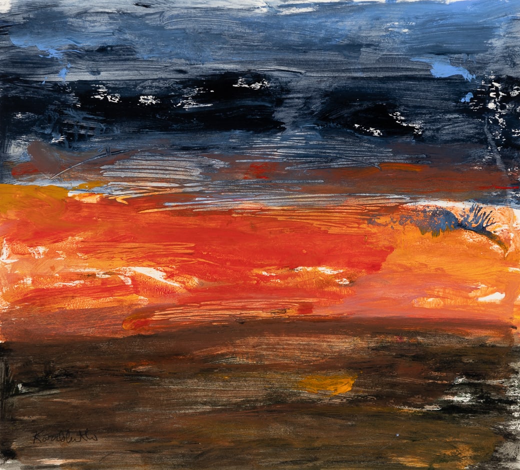 Frances Kornbluth (Am. 1920-2014), Red Bay, c. 1985, Oil on paper, framed: Frances Kornbluth (Am. 1920-2014) Red Bay, c. 1985 Oil on paper, framed Signed l.l., artist's card attached to backing 13" x 14 3/8" sight, 19 5/16" x 20 3/4" framed Proven