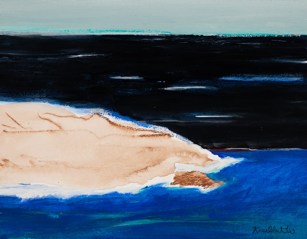 Frances Kornbluth (Am. 1920-2014), Shore and Sea, Monhegan, c. 1980, Acrylic on paper, framed: Frances Kornbluth (Am. 1920-2014) Shore and Sea, Monhegan, c. 1980 Acrylic on paper, framed Signed l.r., exhibition label on backing, artist's card attached to backing 8 7/8" x 11 5/16" sight
