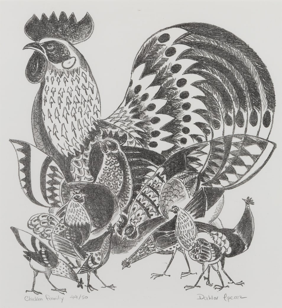 Dahlov Ipcar (Am. 1917-2017), "Chicken Family" 2002, Lithograph, framed under glass: Dahlov Ipcar (Am. 1917-2017) "Chicken Family" 2002 Lithograph, framed under glass Signed in pencil l.r., titled and editioned "44/50" in pencil l.l., dated on artist's label on backing, exhibition
