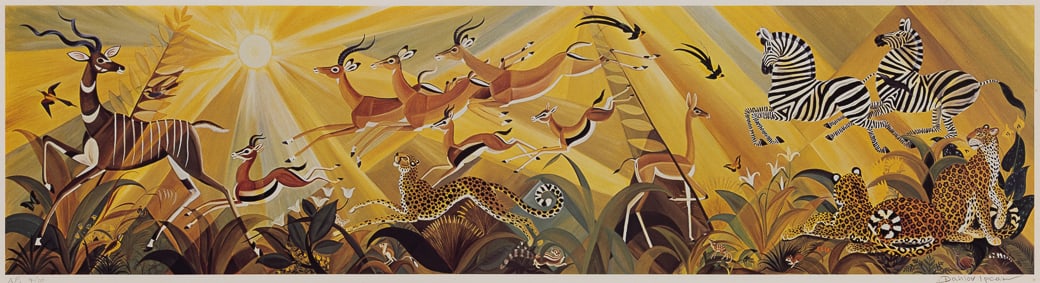 Dahlov Ipcar (Am. 1917-2017), Golden Savannah, 1979, Photomechanical print, matted: Dahlov Ipcar (Am. 1917-2017) Golden Savannah, 1979 Photomechanical print, matted Signed in pencil l.r., editioned "AP 4/10" in pencil l.l., artist's label attached to backing 15 5/8" x 36 7/