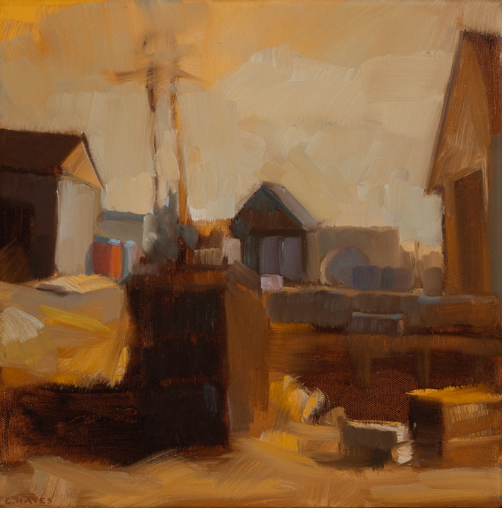 Connie Hayes (Am. 20th/21st Century), "Orange and Blue in a Golden World, Vinhalhaven" 2007, Oil on: Connie Hayes (Am. 20th/21st Century) "Orange and Blue in a Golden World, Vinhalhaven" 2007 Oil on canvas, framed Signed l.l., titled, dated, and exhibition label on stretcher verso, Dowling Walsh G