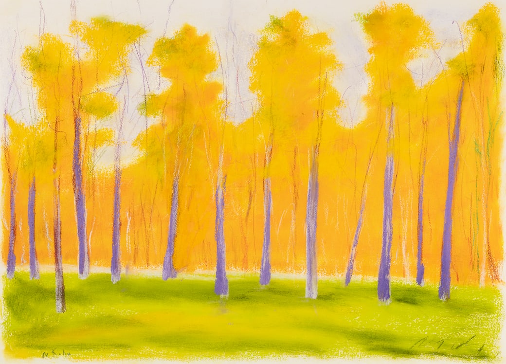 Wolf Kahn (Am. 1927-2020), Lilac Trees, Pastel on paper, framed under glass: Wolf Kahn (Am. 1927-2020) Lilac Trees Pastel on paper, framed under glass Signed l.l. 29" x 40" sight, 35 1/2" x 46 1/2" framed Provenance: Private collectio