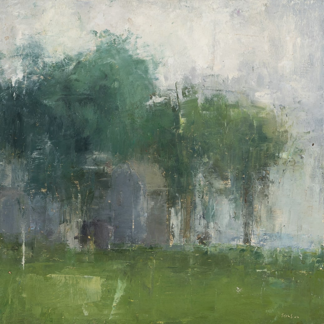Stuart Shils (Am. b. 1954), "House and Trees, Windy Day" 2002, Oil on panel, framed: Stuart Shils (Am. b. 1954) "House and Trees, Windy Day" 2002 Oil on panel, framed Signature and date incised l.r., signed, titled, and dated on verso 14" x 14" actual, 15" x 15" framed