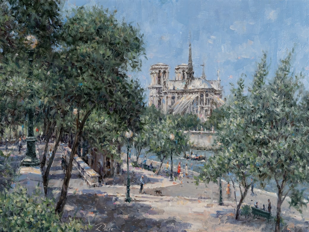 Peter Rolfe (Am. b. 1942), Notre Dame, 2007, Oil on canvas laid to panel, framed: Peter Rolfe (Am. b. 1942) Notre Dame, 2007 Oil on canvas laid to panel, framed Signed l.c., exhibition label on backing 24" x 32" actual, 31 1/8" x 39 3/16" framed Provenan