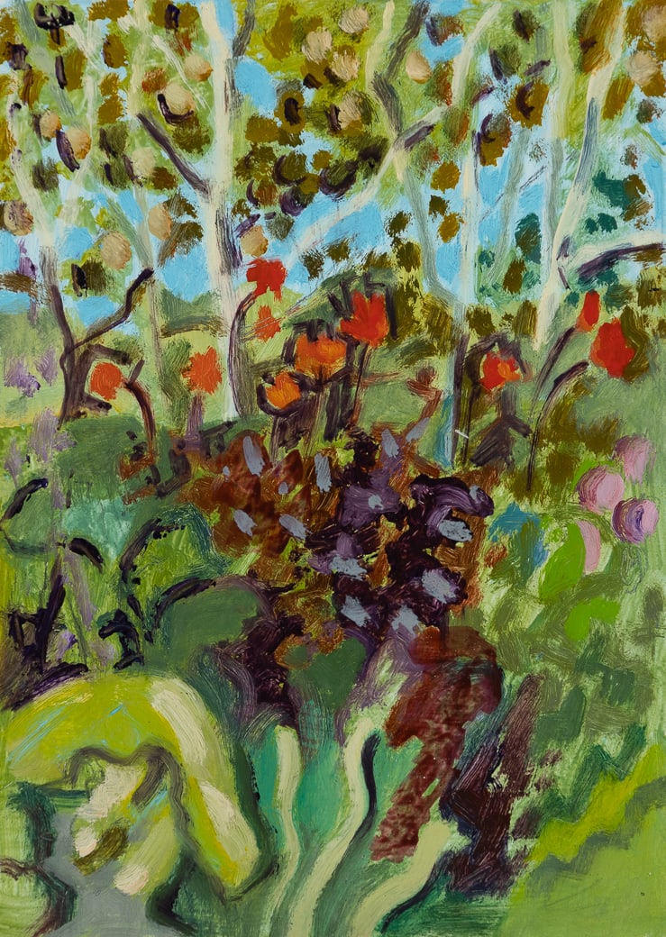 Lois Dodd (Am. b. 1927), "Red Dehlias (sic)" 2004, Oil on aluminum, framed (1 of 5)