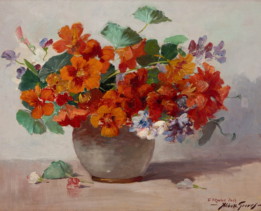 Abbott Fuller Graves (Am. 1859-1936), Still Life with Flowers, Oil on canvas, framed: Abbott Fuller Graves (Am. 1859-1936) Still Life with Flowers Oil on canvas, framed Signed and inscribed "To Rachel Noah" l.r. 16 1/8" x 20 1/8" actual, 26" x 29 7/8" framed