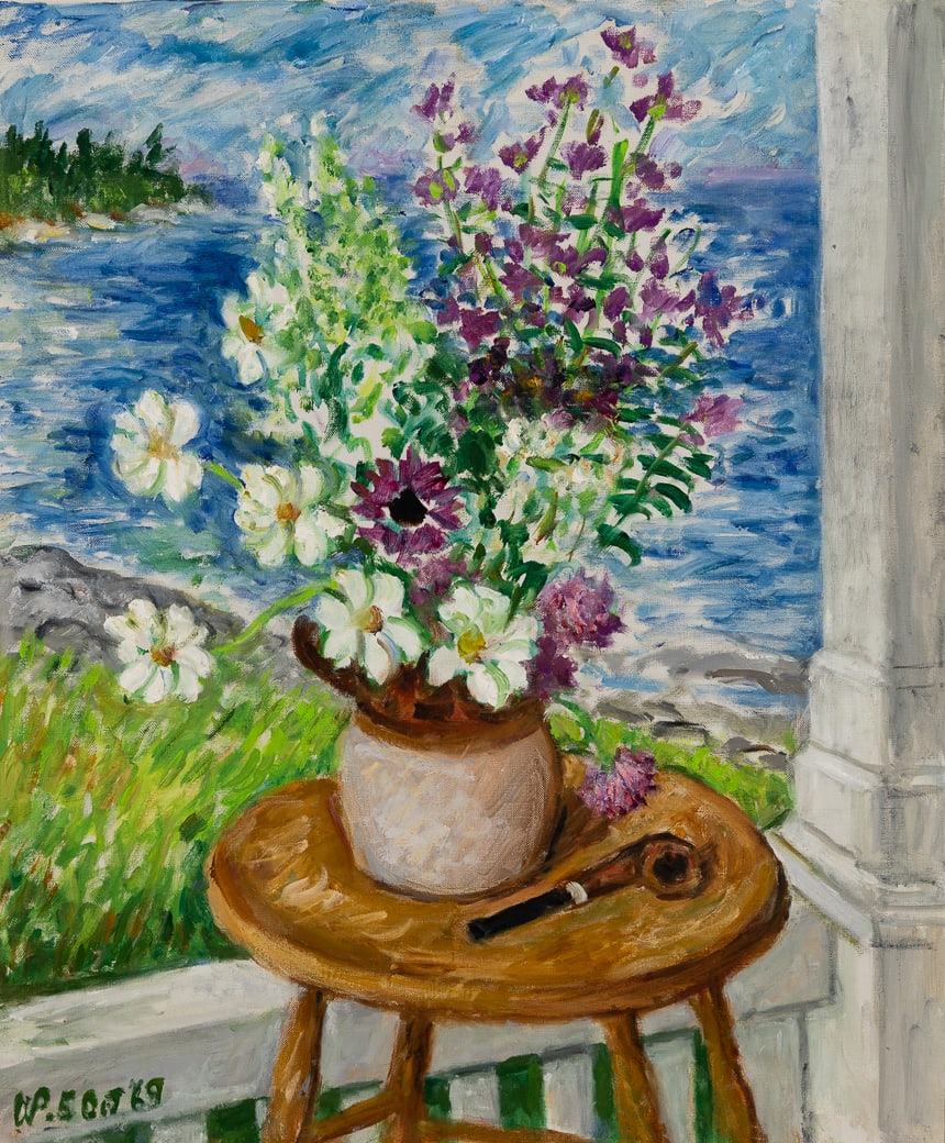 Waldo Peirce (Am. 1884-1970), "Autumn Flowers with Pipe" 1969, Oil on canvas, framed in a Heydenryk (1 of 9)